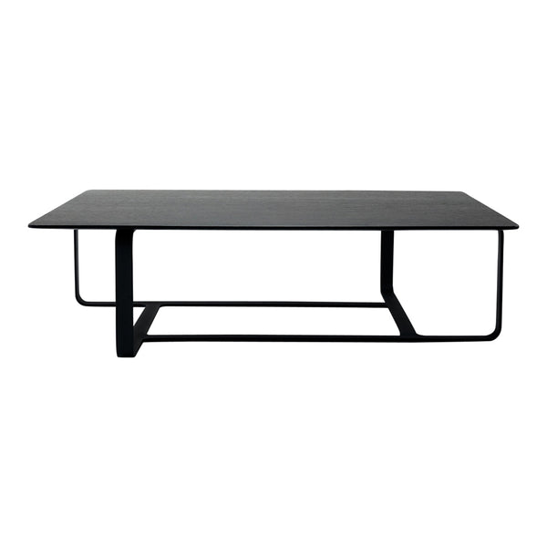 Modern black rectangular coffee table with a sleek surface and minimalistic metal frame design.