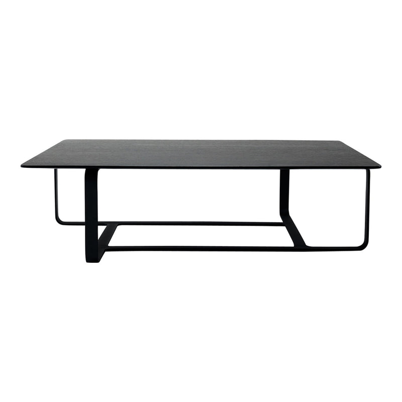 Modern black rectangular coffee table with a sleek surface and minimalistic metal frame design.