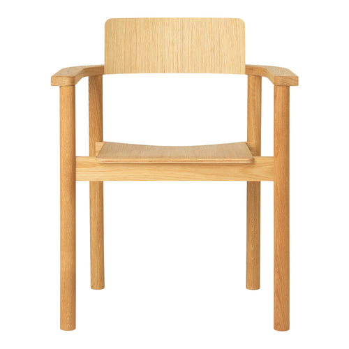 Natural wood armchair with light oak finish and simple, sleek design. Perfect for modern decor.