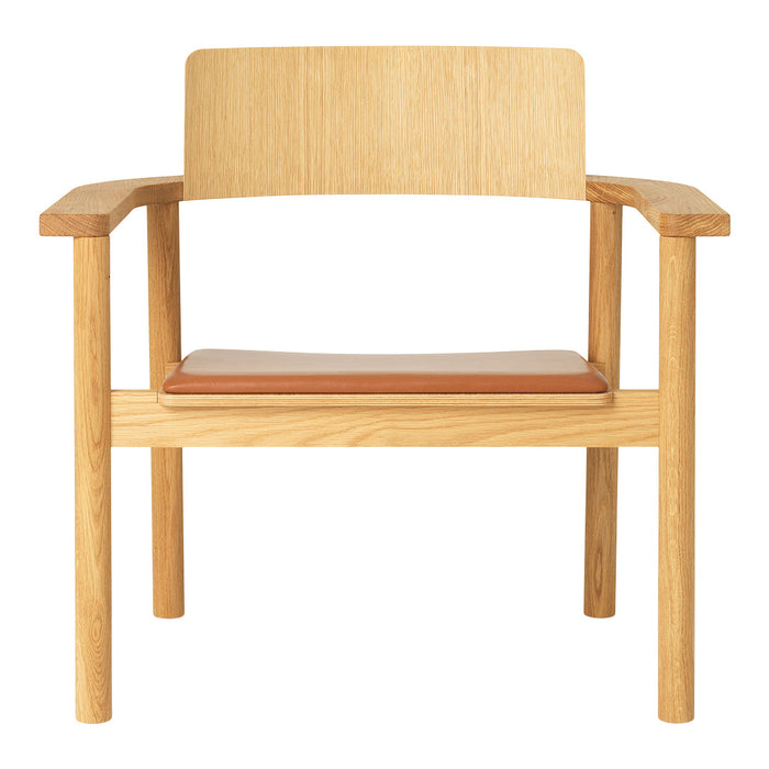 Natural wood chair with a light oak finish and a tan leather seat, featuring clean lines and minimalistic design.