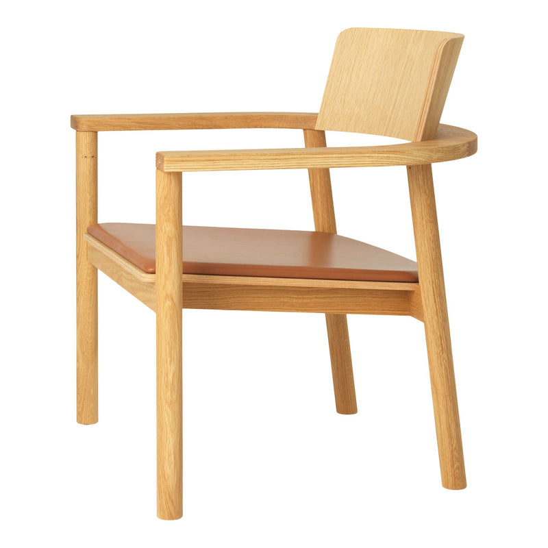 Light wood chair with a simple design, featuring a smooth tan leather seat and clean lines for a modern aesthetic.