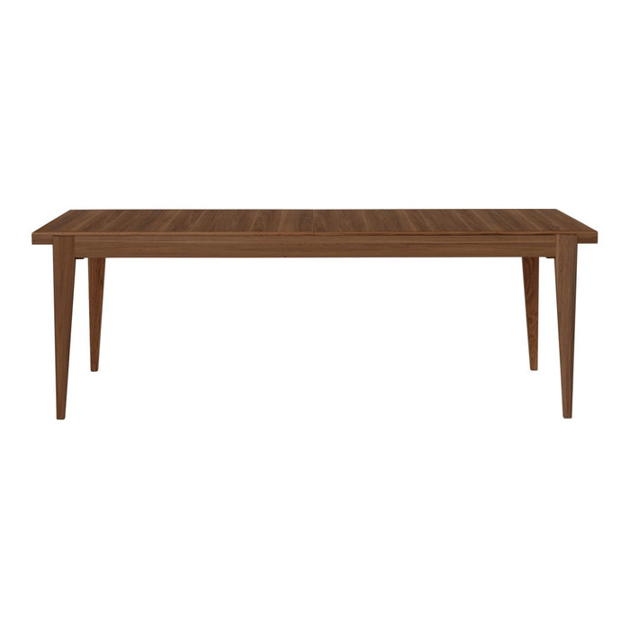 Brown wooden dining table with a sleek, rectangular design and subtle horizontal slats on the surface.