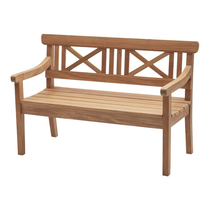 Natural wood bench with a warm brown finish and geometric lattice pattern on the backrest. Perfect for outdoor spaces.