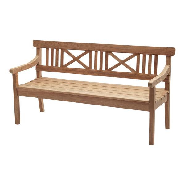 Natural wood bench featuring a light brown finish with a slatted design and X-pattern backrest. Perfect for outdoor spaces.