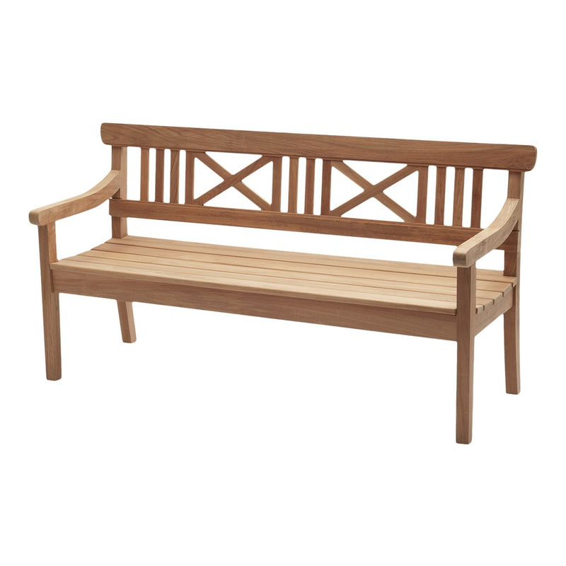 Natural wood bench featuring a light brown finish with a slatted design and X-pattern backrest. Perfect for outdoor spaces.