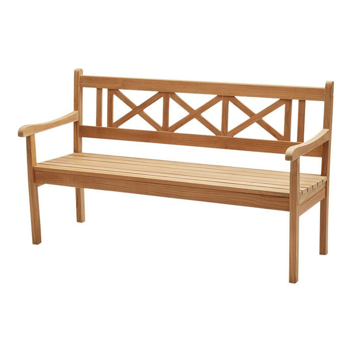 Light brown wooden bench with a crisscross pattern on the backrest, featuring a simple, elegant design.