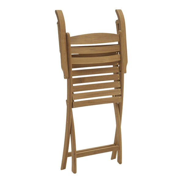 "Folding wooden chair in a warm, natural brown finish with a slatted design."