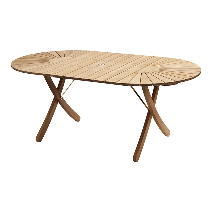 Light natural wood oval table with slatted pattern and cross-legged support. Perfect for outdoors or indoor decor.