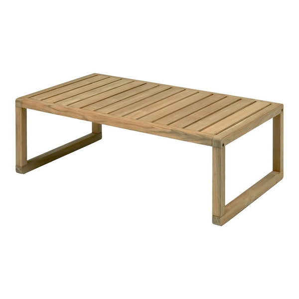 Natural wooden coffee table with slatted surface and clean, minimalistic design. Light brown finish enhances warmth.