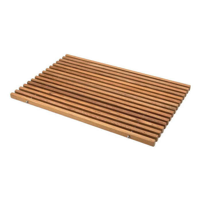 Natural bamboo slat mat with a warm brown color and a sleek, linear pattern. Ideal for modern decor.