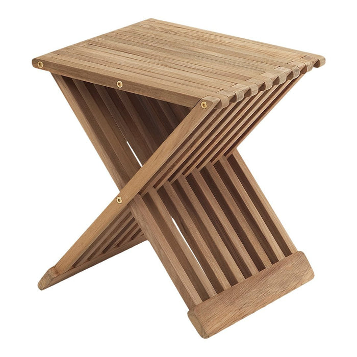 Natural wooden folding stool with a slatted pattern in warm brown tones. Ideal for both indoor and outdoor use.