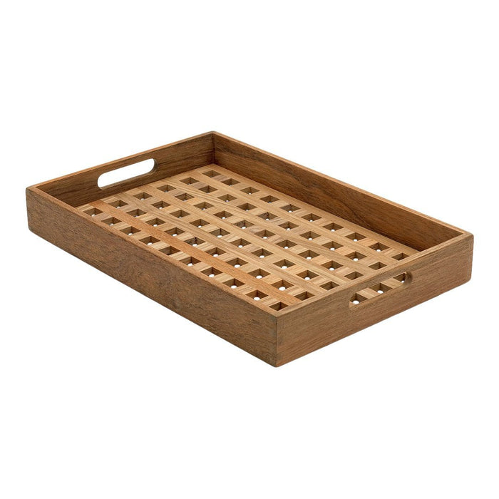 Natural wood tray with a square lattice pattern and smooth finish, ideal for serving or organizing.