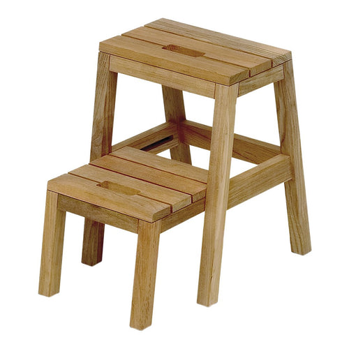 Natural wooden two-step stool with a smooth finish and simple slatted design in light oak hues.