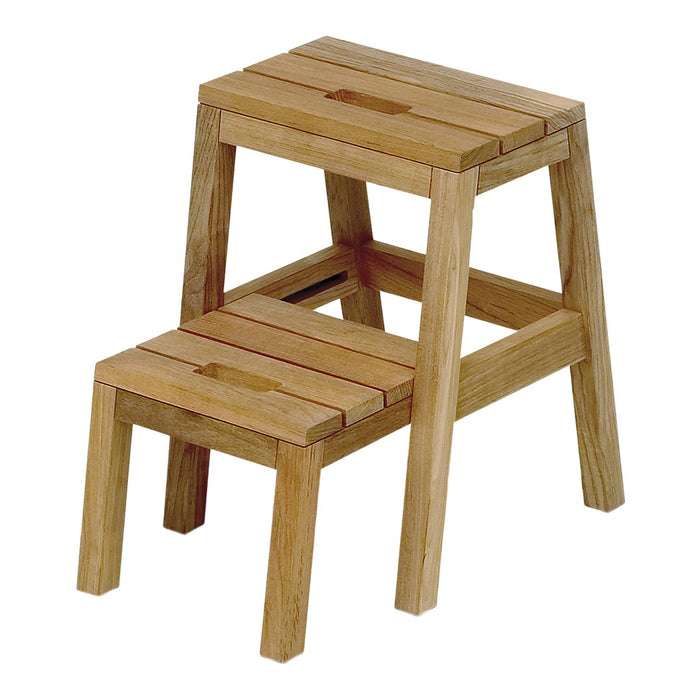 Natural wooden two-step stool with a smooth finish and simple slatted design in light oak hues.