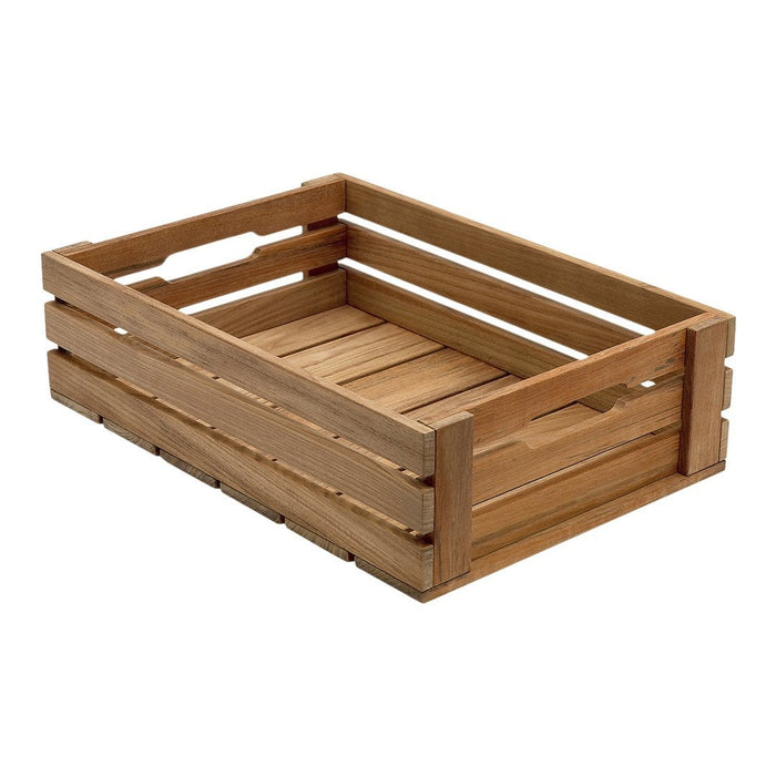 Wooden storage crate in a natural brown color with horizontal slats and an open design for easy access.