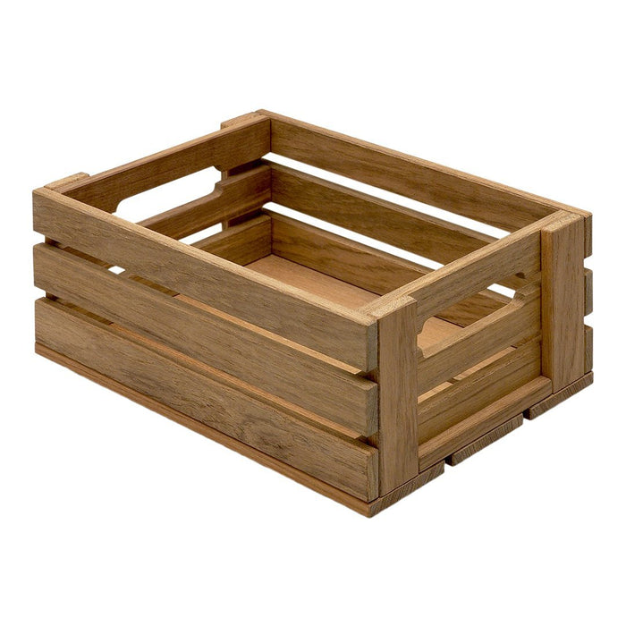 Natural wooden crate with a rustic finish and slatted design, perfect for storage and decor.