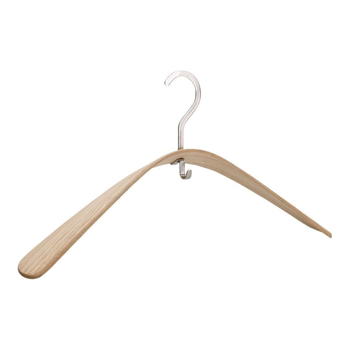 Natural wood hanger with a smooth, light finish and a shiny silver hook. Elegant and minimalist design.