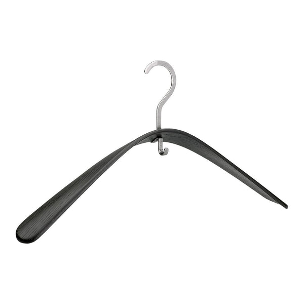Black curved hanger with a shiny silver hook, featuring a sleek, modern design.