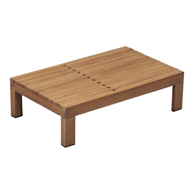Natural bamboo coffee table with a sleek, horizontal slatted pattern and warm, light brown tones.
