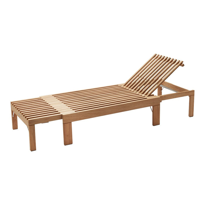 Natural wooden lounge chair with a slatted design in light brown tones, perfect for outdoor relaxation.