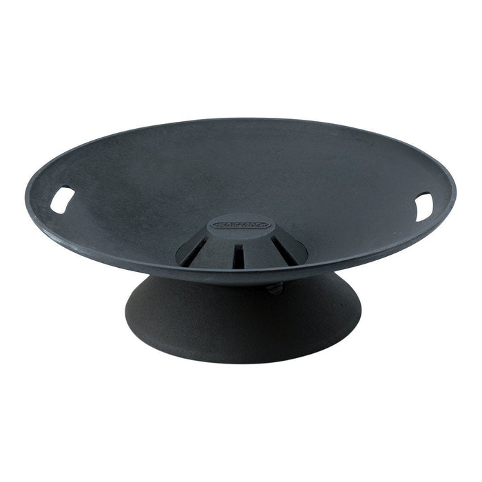 Black round serving platter with smooth surface and raised base, featuring minimalistic design and no additional patterns.