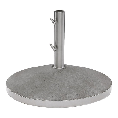 Gray concrete base with a smooth round surface and a sleek silver metal pole for stability.