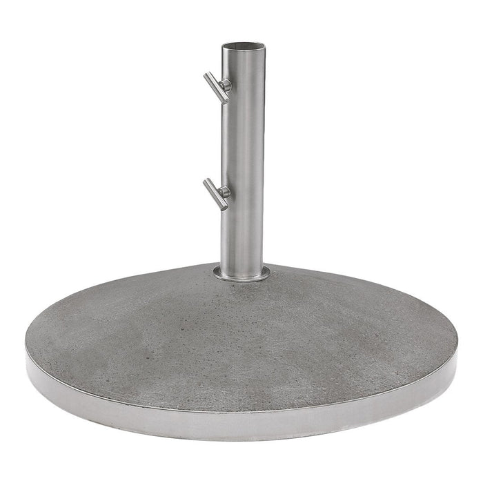 Gray concrete base with a smooth round surface and a sleek silver metal pole for stability.