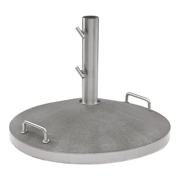 Grey concrete base with a smooth finish and metallic pole, featuring two hooks for stability.