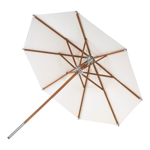 White umbrella with a wooden frame and geometric pattern, offering a stylish and classic look for outdoor settings.