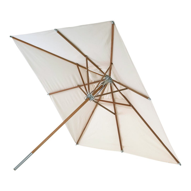 Beige outdoor umbrella with a wooden frame, featuring a minimalist design and sharp angular patterns.