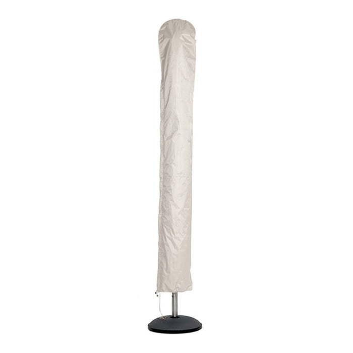 Beige outdoor umbrella cover with a smooth texture, paired with a black round base for stability.