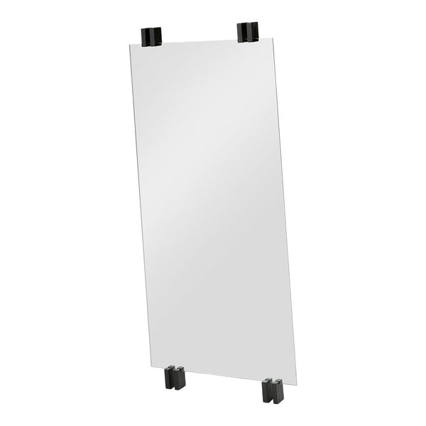 Sleek rectangular mirror with a clear reflective surface and contrasting black mounting brackets.