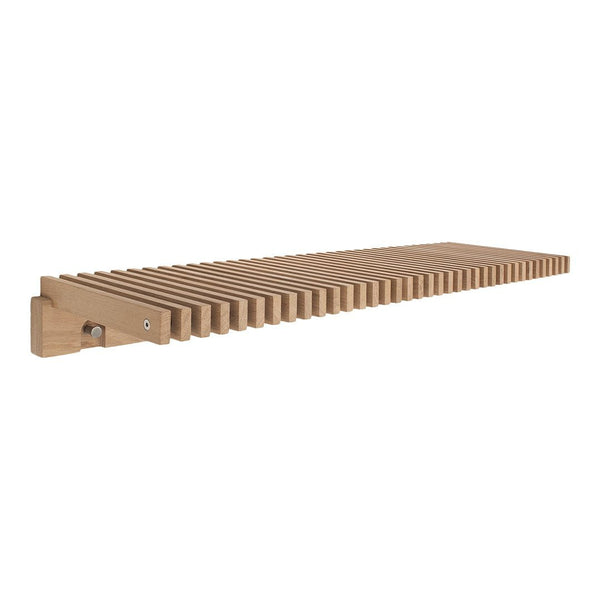 Natural wood shelf with a light beige color and a smooth, slatted texture for a modern, minimalist look.