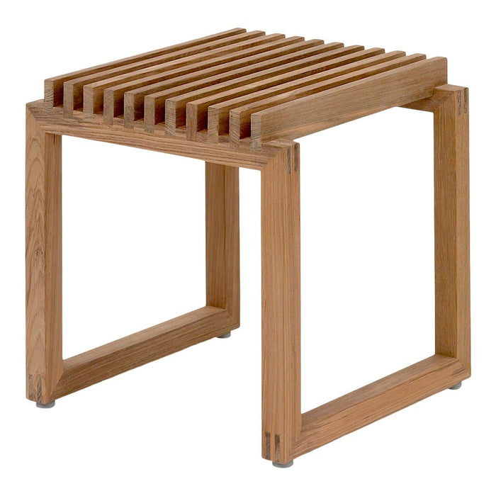 Natural wood stool with a slatted top design in warm oak tones, showcasing a minimalist and modern aesthetic.