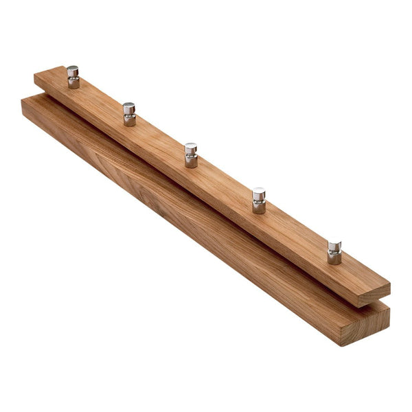 Natural bamboo wood coat rack with stainless steel hooks and a smooth finish, featuring a warm wooden pattern.