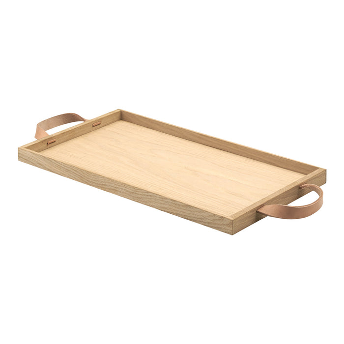Natural wood tray with light oak finish and stylish leather handles, perfect for serving or decor.