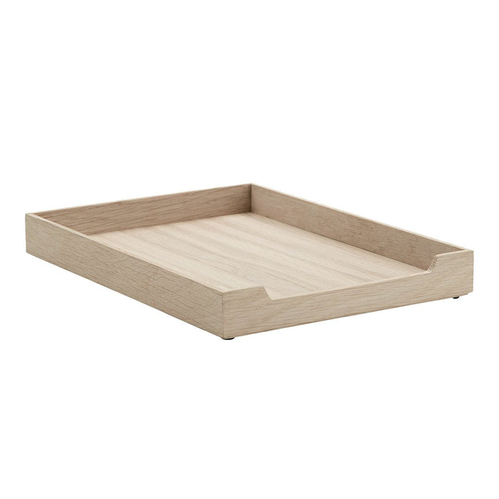 Natural light wood tray with a smooth, minimalistic design, featuring subtle grain patterns in soft beige tones.