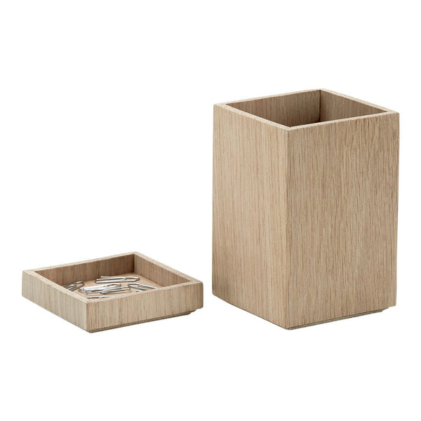Light natural wood grain finish on a rectangular storage box and matching tray, sleek and minimalistic design.