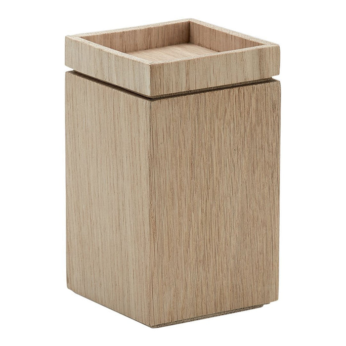 Natural wood grain pencil holder with a light beige finish and minimalist square design.