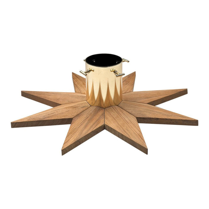 Wooden star-shaped base with gold accents and a black center, featuring a natural wood finish. Perfect for holiday decor.