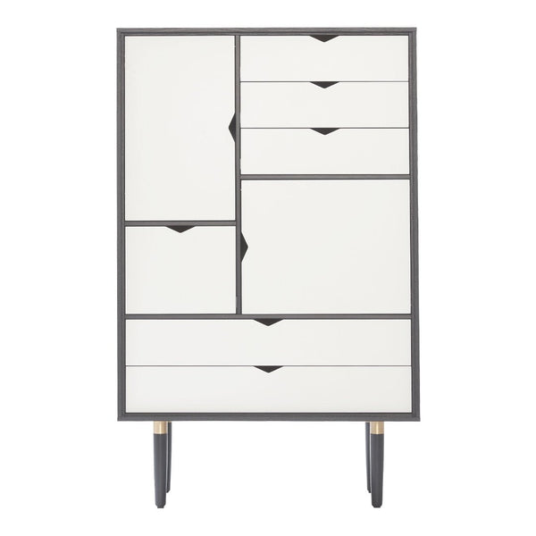 Modern white dresser with gray accents and sleek drawer designs, featuring a minimalist pattern for contemporary decor.