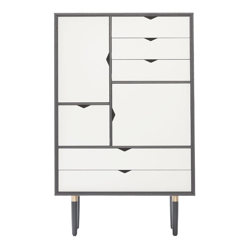 Modern white dresser with gray accents and sleek drawer designs, featuring a minimalist pattern for contemporary decor.