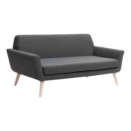 Modern gray two-seater sofa with a minimalist design and light wooden legs. Perfect for contemporary interiors.