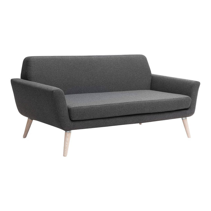 Modern gray two-seater sofa with a minimalist design and light wooden legs. Perfect for contemporary interiors.