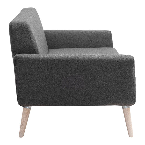Modern charcoal gray armchair with a textured pattern and light wooden legs, perfect for minimalist decor.