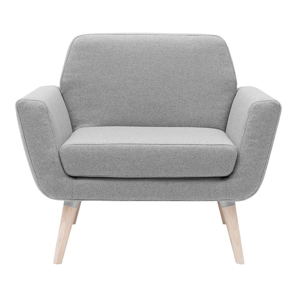 Gray upholstered armchair with light wooden legs, featuring a minimalist design and soft, smooth fabric.