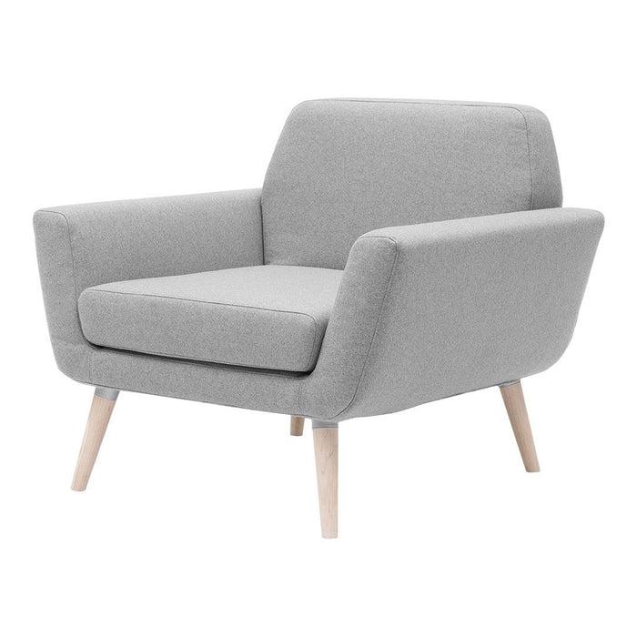 Light gray upholstered armchair with smooth fabric and natural wood legs, adding a modern touch to any space.