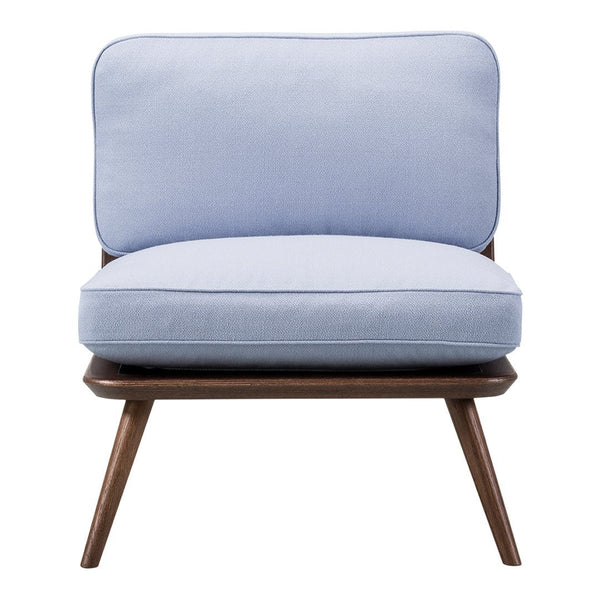 Light blue upholstered chair with a smooth surface, featuring a modern design and wooden legs.