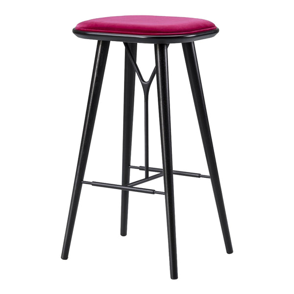 Black bar stool with a vibrant pink padded seat, sleek design and minimalist pattern. Ideal for modern decor.
