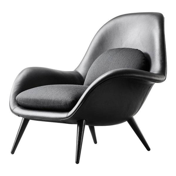 Stylish black leather chair with a smooth finish and gray fabric cushion, featuring sleek tapered legs.
